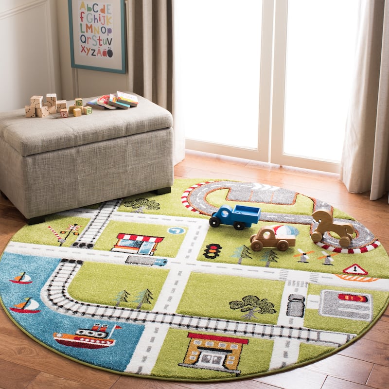 SAFAVIEH Carousel Kids Koika Neighborhood Road Rug - Green/Ivory - 5'3" Round - Round