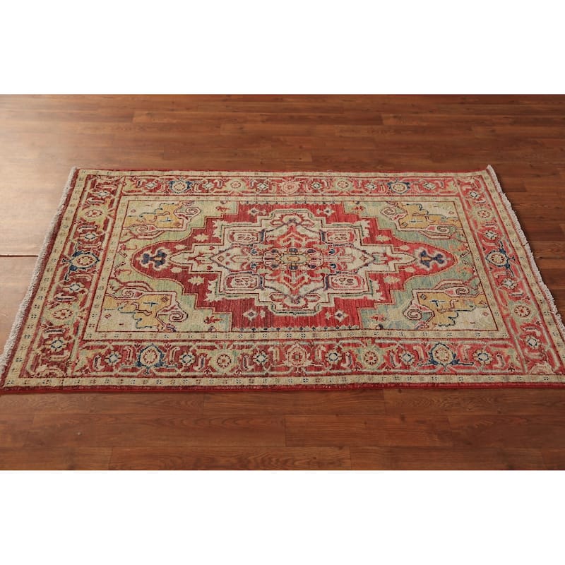 Heriz Serapi Vegetable Dye Accent Rug Geometric Handmade Wool Carpet - 3'0"x 4'10"