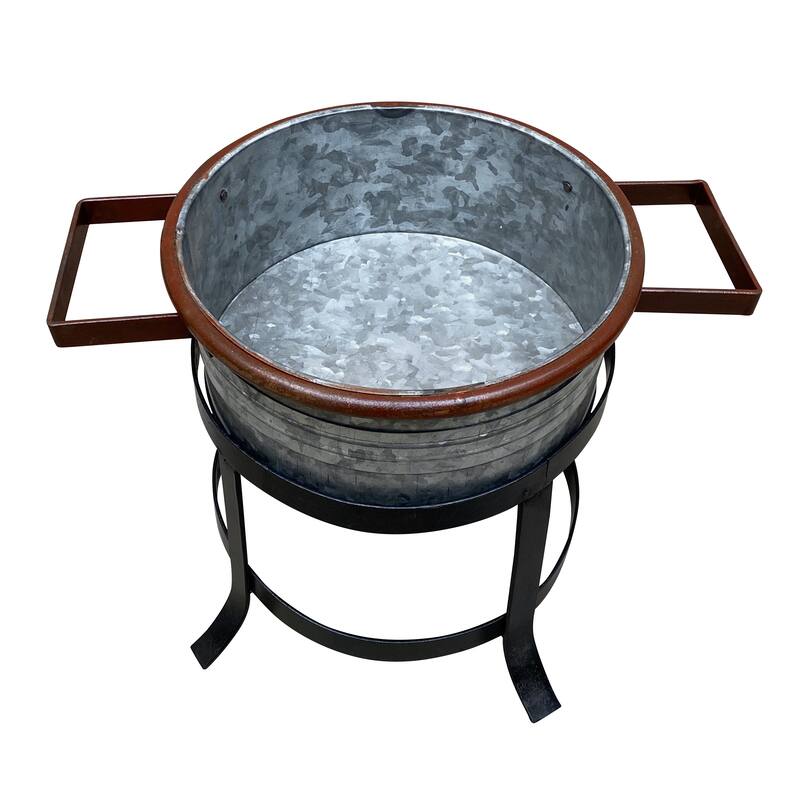 21, 18, and 16 Inch 3 Piece Round Tub Metal Planter Set with Stand in Galvanized Gray and Black Iron