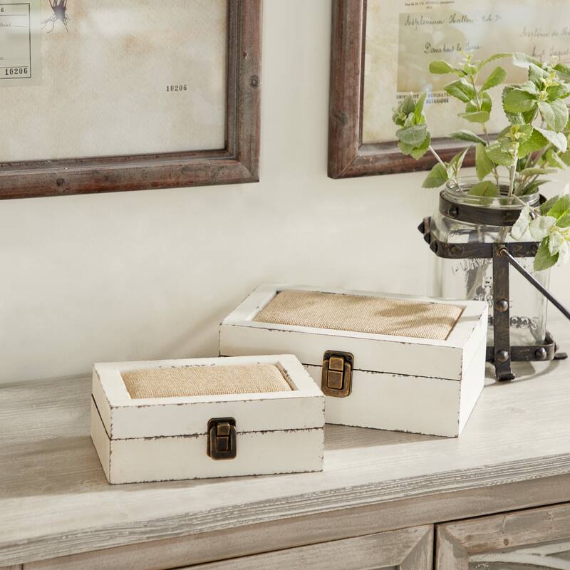 White Wooden Decorative Box with Hinged Lid (Set of 2) - White