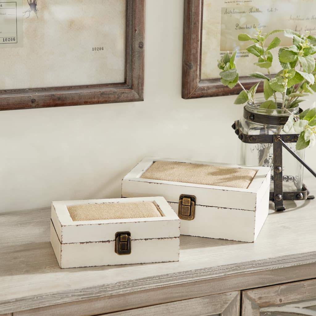 White Wooden Decorative Box with Hinged Lid (Set of 2)