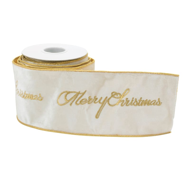 Merry Christmas Wired Ribbon White Gold 4 Inch x 5 Yards for Crafts - 4" x 5 Yds.