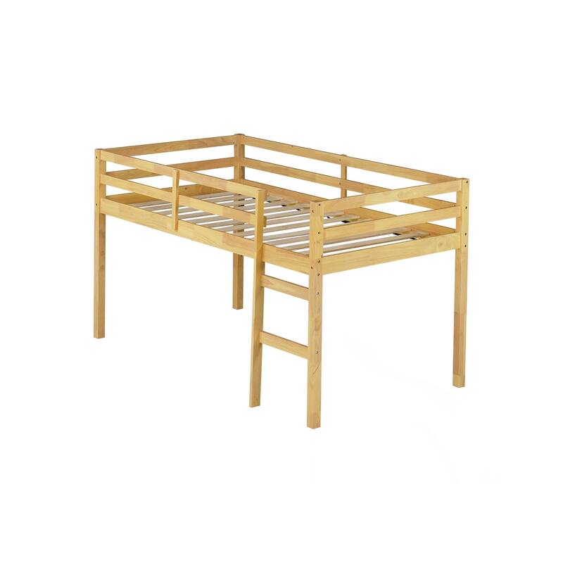 Solid Wooden, Rubber Wooden Twin Loft Bed with Ladder, Bed Platform of Strengthened Slats