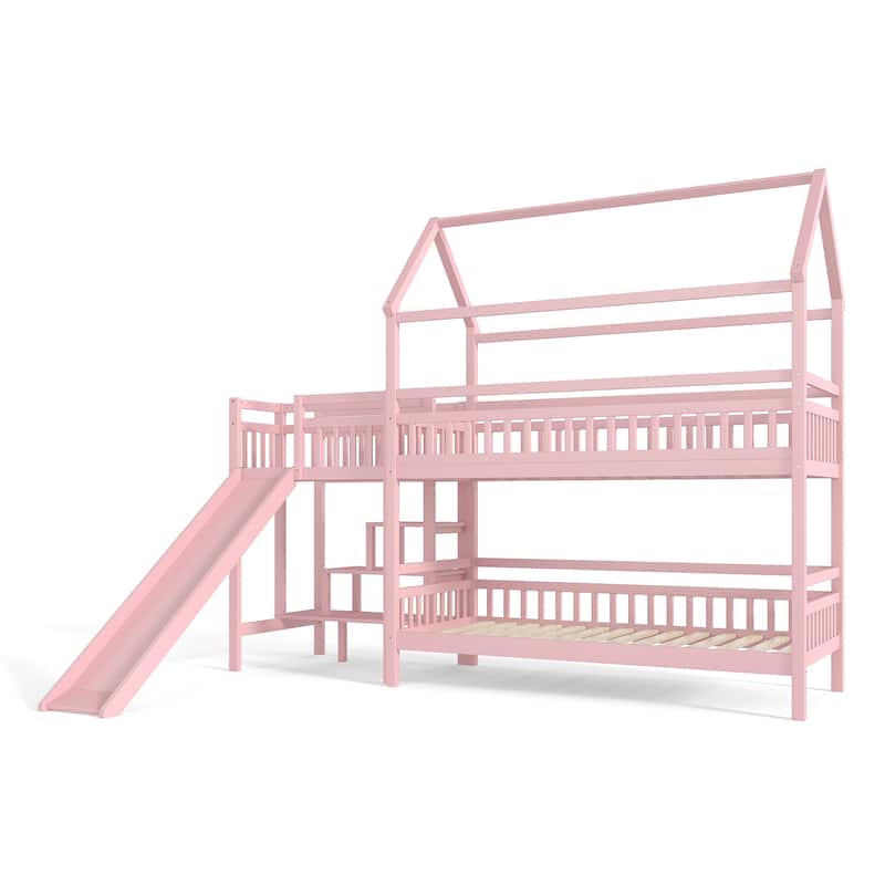Full/Twin House-Shaped Bunk Bed with Slide & Storage Stairs, Playhouse Bed with Two Placement Methods