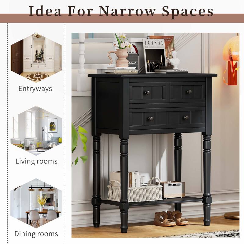 Narrow Console Table with Drawers and Bottom Shelf