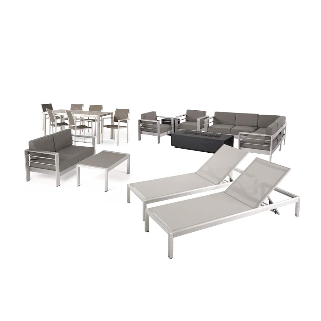 Cape Coral 7 Piece Dining Set and Sofa Set and 4pc Chat Set and Fire Pit and 2 Chaise Lounges by Christopher Knight Home