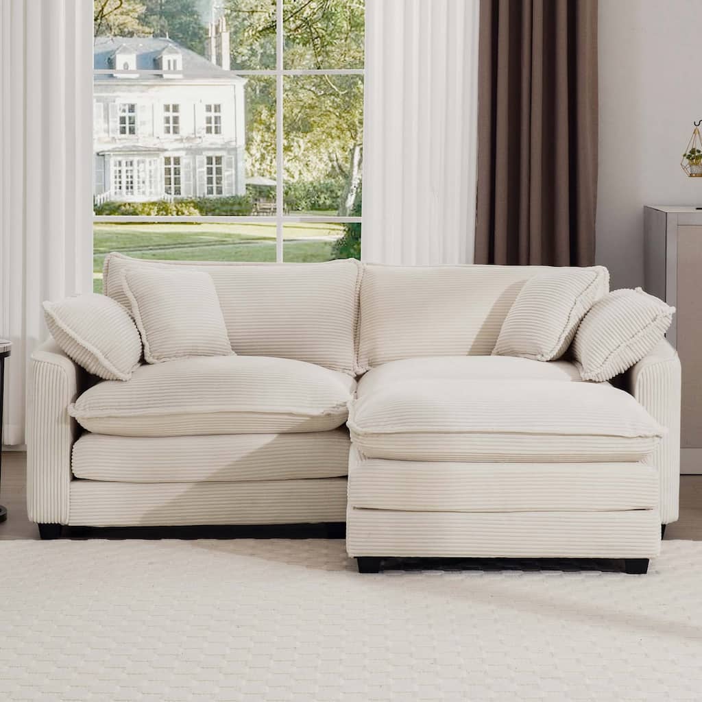 L-Shaped Modular Sectional Sofa with Ottoman, 2-Seater Corduroy Sofa Set with Removable Armrests for Livingroom
