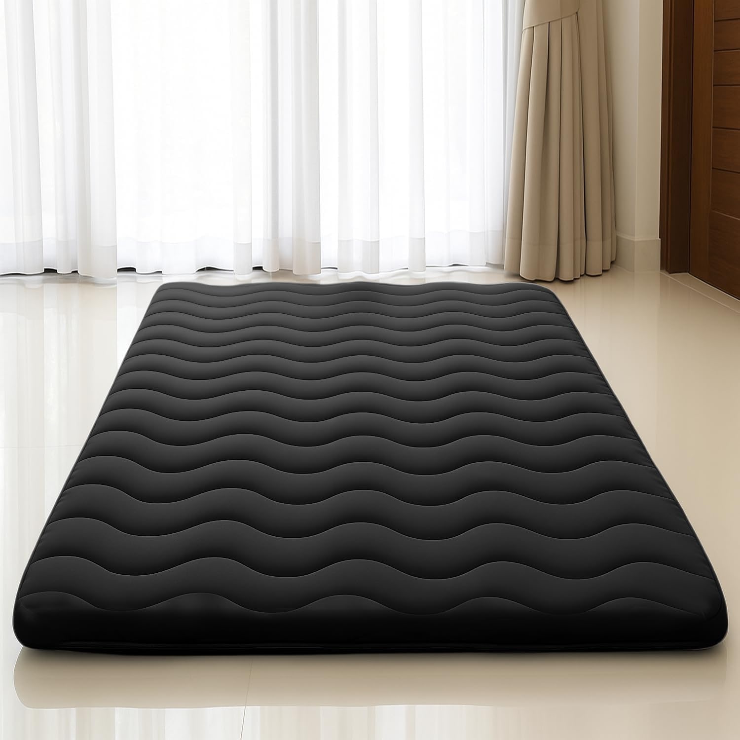 Foldable 4" High-Density Foam Floor Mattress for Comfort, Support, Kids, Camping - Black, Queen