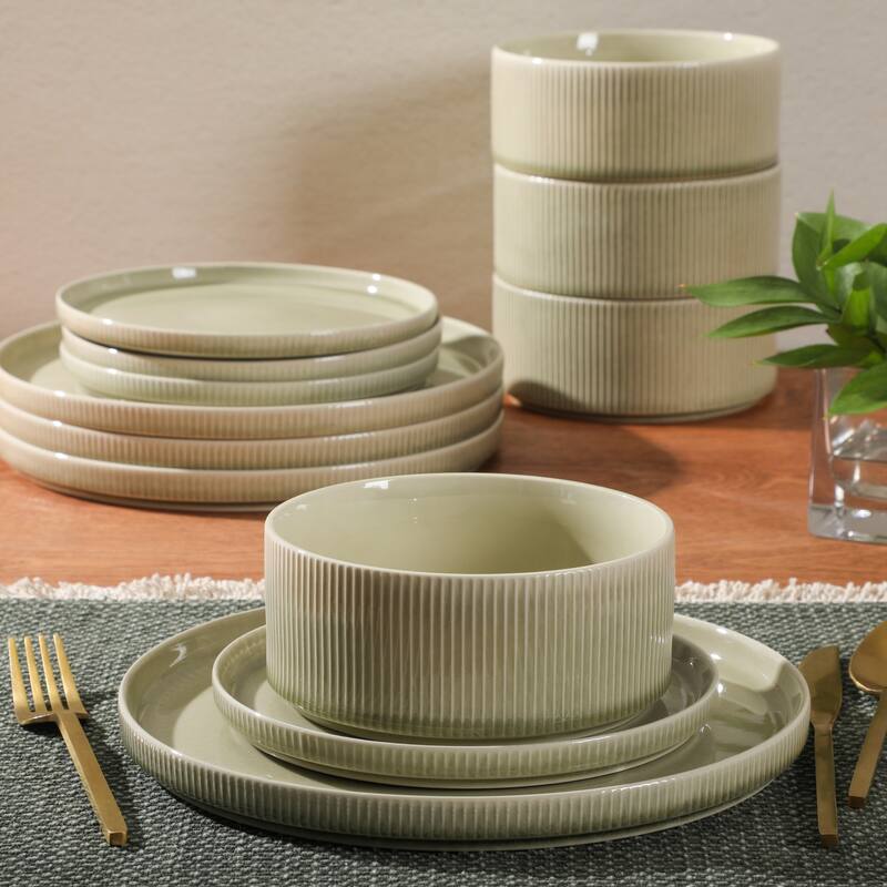 Gibson Elite Solana Coast 12 Piece Stoneware Reactive Glaze (Service for 4) Plates and Bowls Modern Shape Dinnerware Set