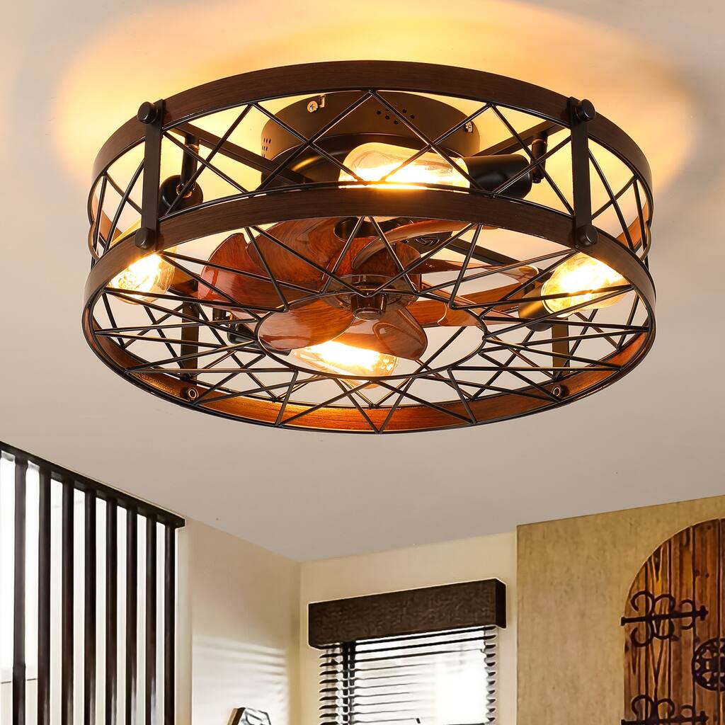 HOMAVO Caged Ceiling Fans with Lights Black, 20 inch Flush Mount Ceiling Fan Light