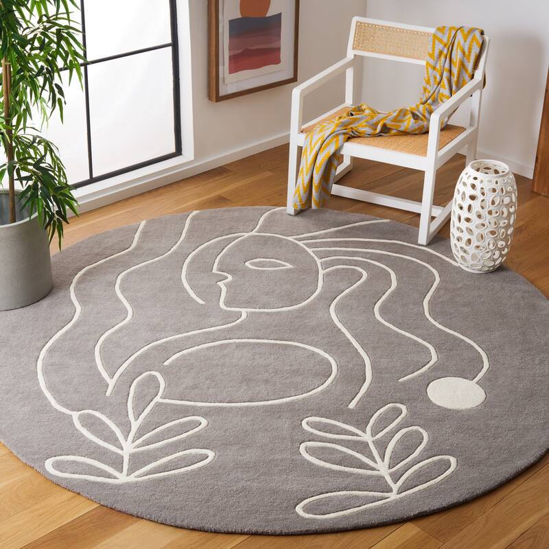 SAFAVIEH Handmade Fifth Avenue Chayah Mid-Century Modern Wool Rug - 7' Round - Grey/Ivory