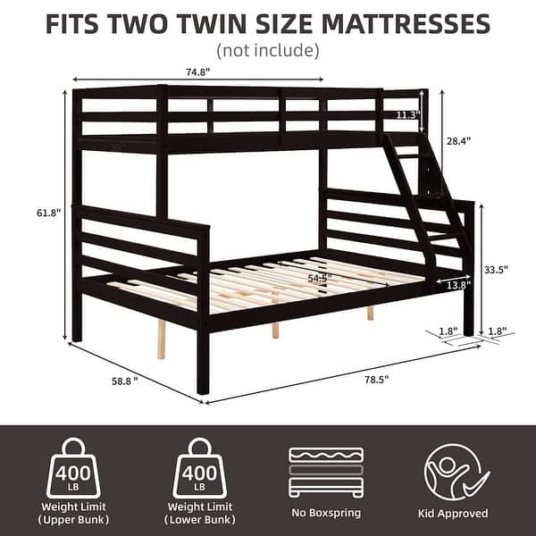 dimension image slide 2 of 4, Twin Over Full Bunk Bed,Solid Wood Frame,High Guardrail,Safe for Kids