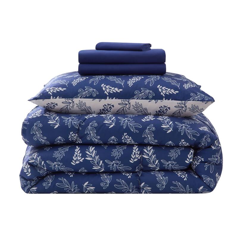 Empyrean 7 Pc Botanical Comforter Set with Sheets, Soft Breathable Lightweight Bedding Bag - Majestic Blue/Lunar Gray - Twin XL
