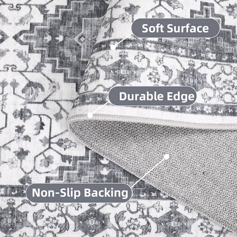 Washable Area Rug Vintage Boho Rug Low Pile Non-Slip Area Rugs Soft Foldable Indoor Carpet