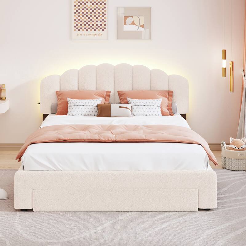 Queen Size Teddy Fleece Upholstered Platform Bed with LED Lights & USB Ports, Beige