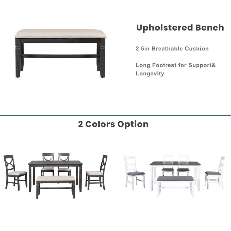 Farmhouse 6 Piece Dining Table Set w/ Chairs & Bench for 6 Persons Solid Wood Kitchen Dining Set with Upholstered Chair & Bench