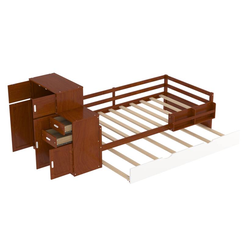 Multifunctional Twin Wood Platform Bed with Bookshelf, Wardrobe, and Trundle, Walnut Finish