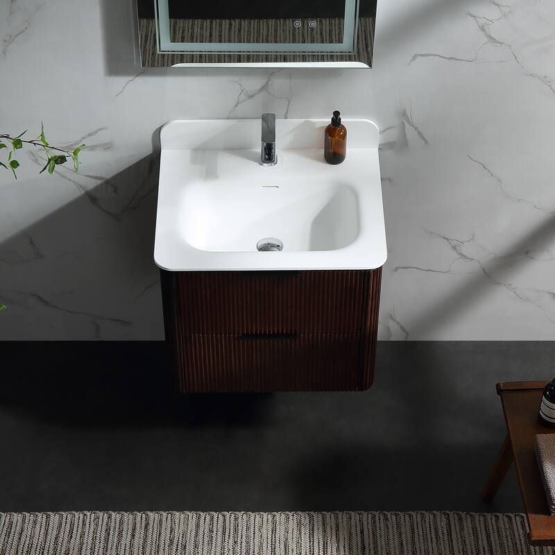 Modland Fluted Floating Vanity with Sink, Plywood Wall Mount Cabinet, Curved Edge, 24/30/36 Inch