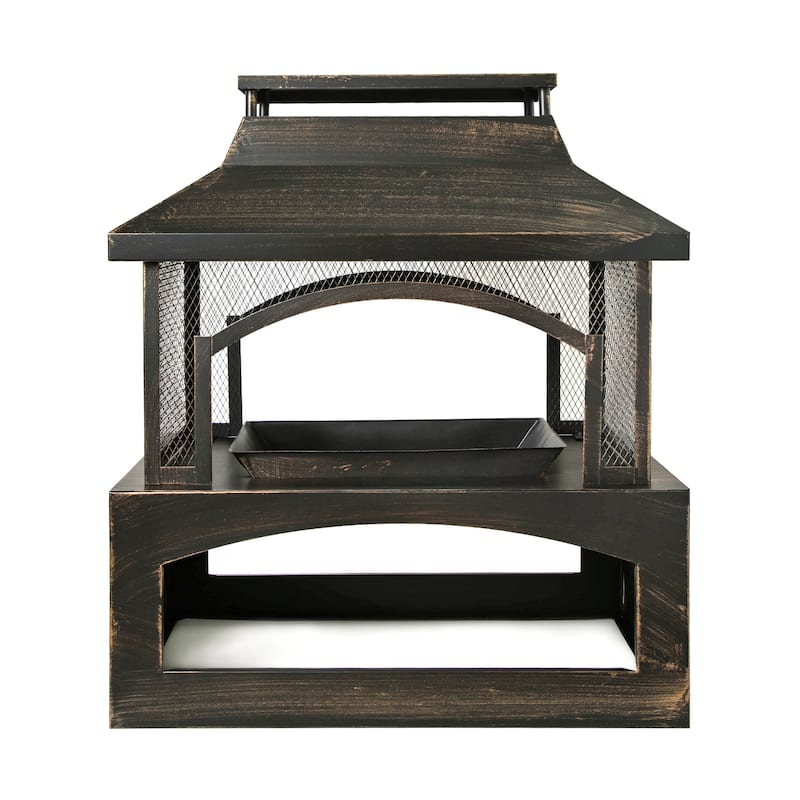 37-Inch Rectangular Metal Outdoor Wood Burning Fireplace - Outdoor Fireplace with Built-in Log Storage and Poker-Brushed Bronze