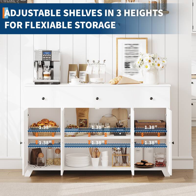 55" Sideboard Buffet Cabinet with Storage, Minimalist Kitchen Storage Cabinet with 3 Drawers & 4 Doors, Buffet Console