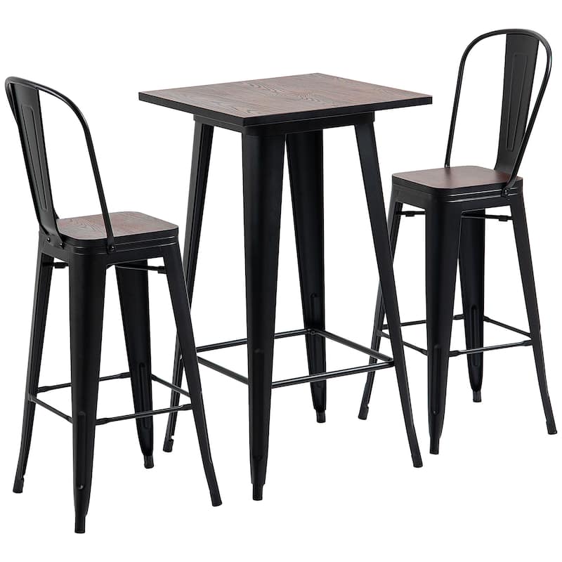 HOMCOM 3 Piece Bar Table Set with 1 Table, 2 High Back Chairs and Metal Frame with Footrests for Home