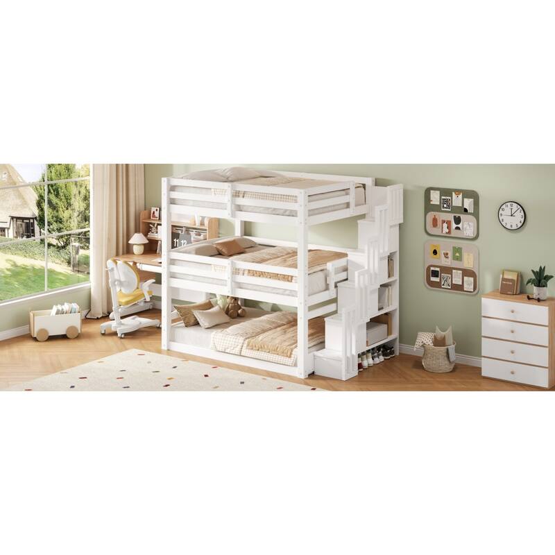 Roomfitters Full Triple Bunk Bed with Storage Staircase, Separable Design