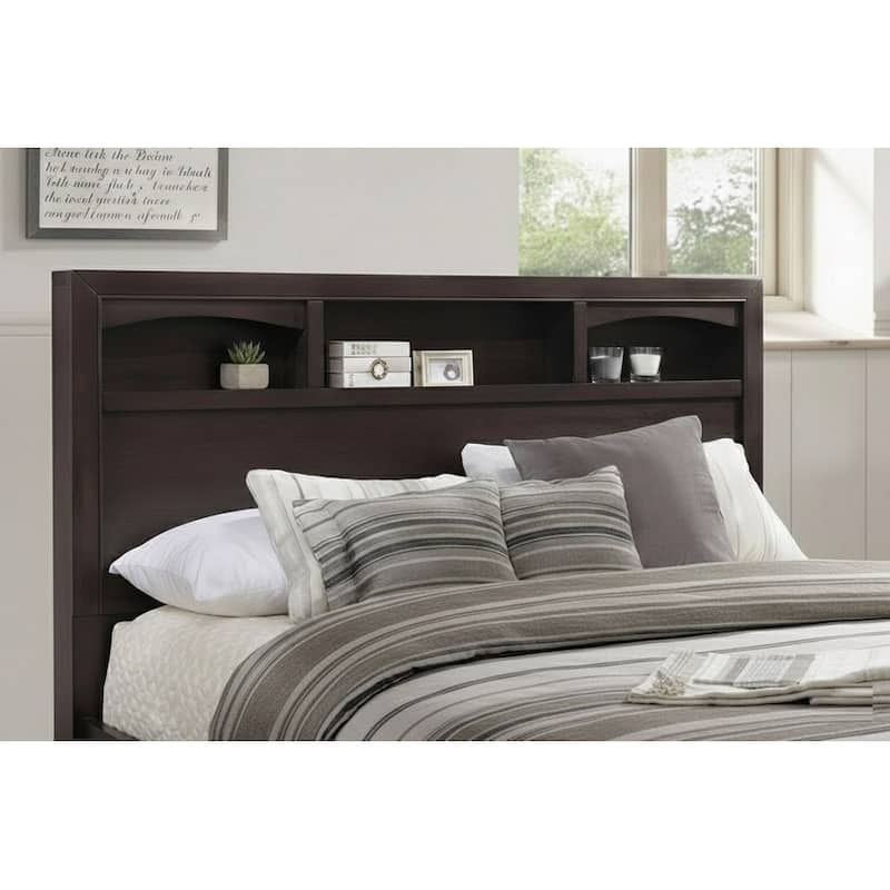 Transitional Style 1pc Bed Set Underbed Drawers Round Knobs Open Shelf Headboard Dark Walnut Finish Bedroom Furniture
