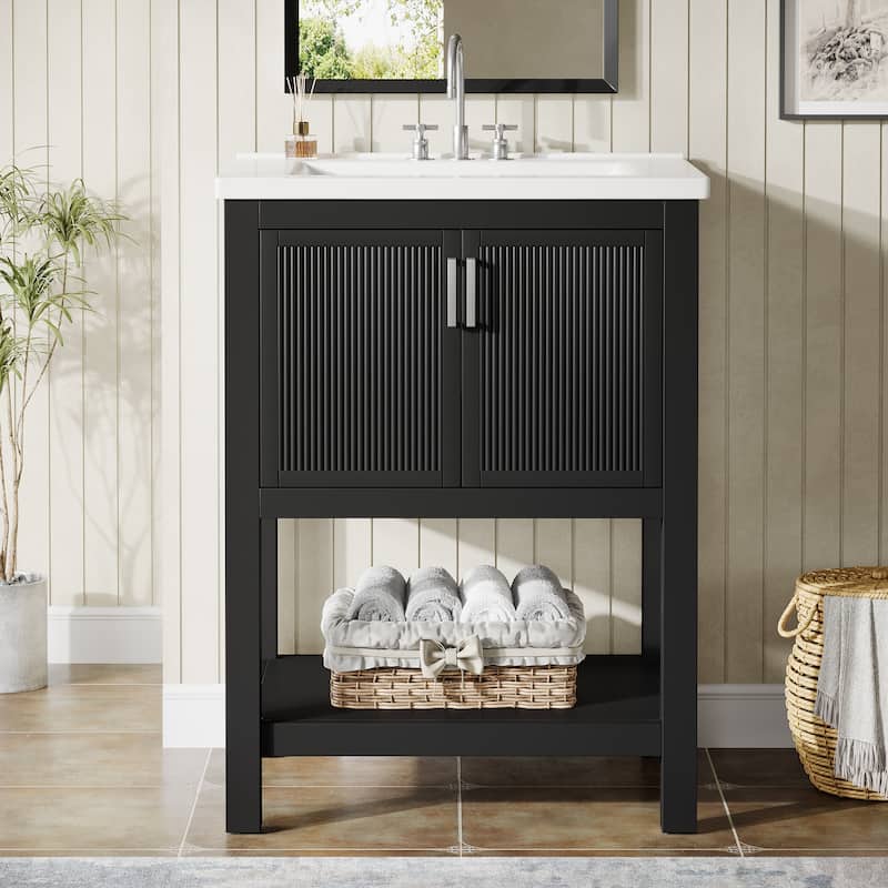 24" Single Bathroom Vanity with Ceramic Sink, Solid Rubberwood Frame & Open Storage Shelf