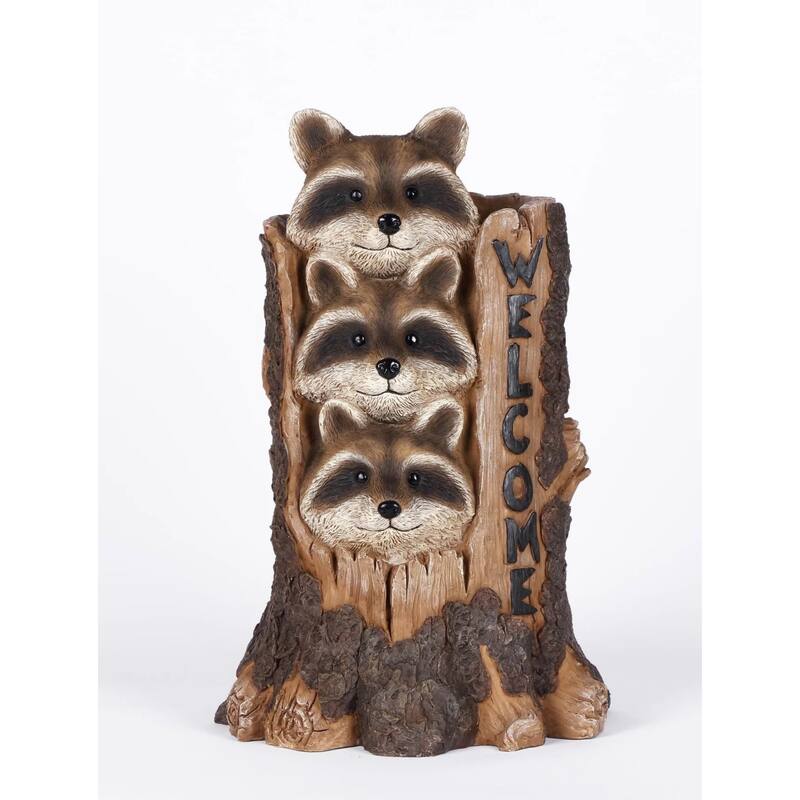 17" Brown Black Three Raccoons a Tree Trunk Welcome Sign Garden Statue