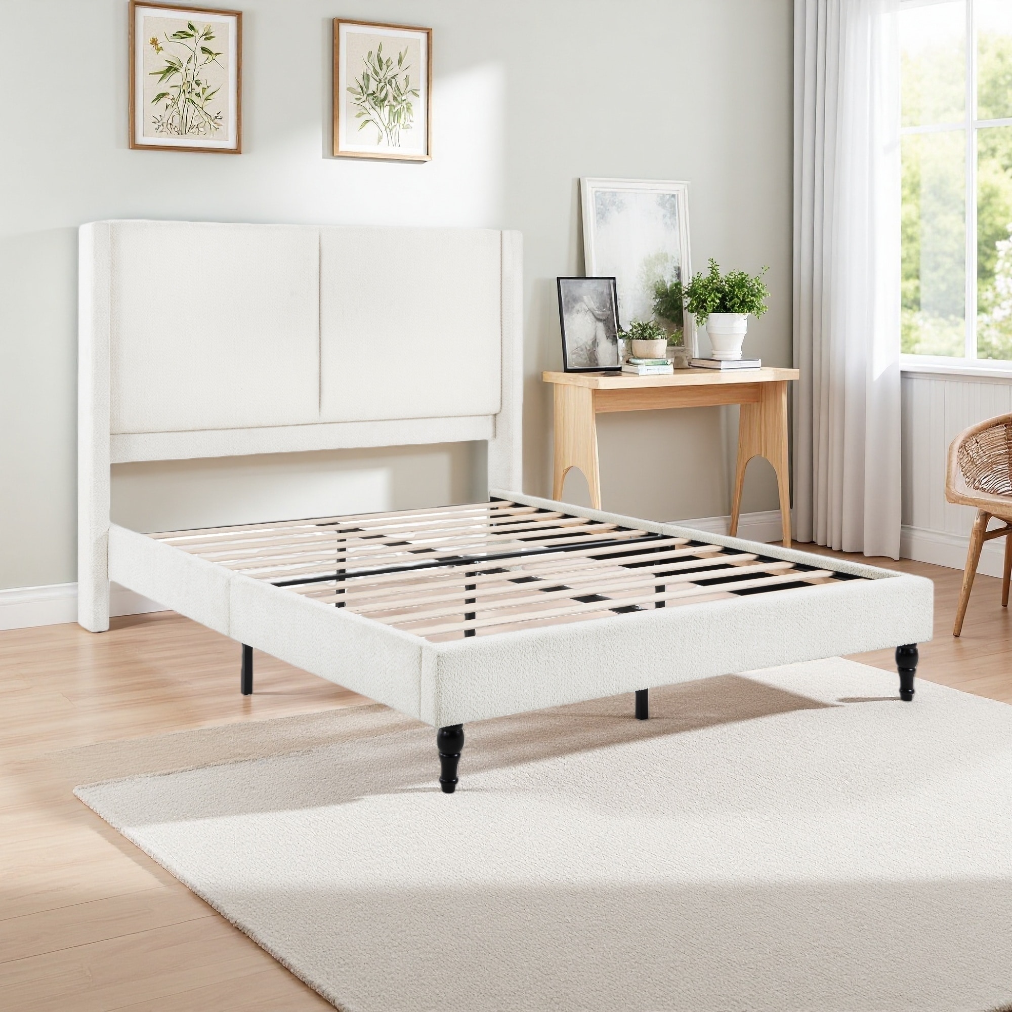 Queen Boucle Upholstered Platform Bed with Tufted Headboard & Wood Legs