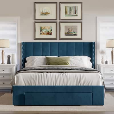 CraftPorch Velvet Wingback Tufted Upholstered Platform Storage Bed