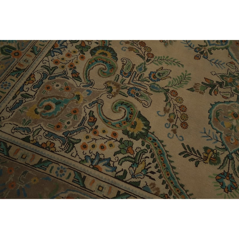 Hand Knotted Oriental 100% Wool Carpet Traditional Floral Beige & Ivories Tabriz Area Rug - 12' 7'' X 9' 6''