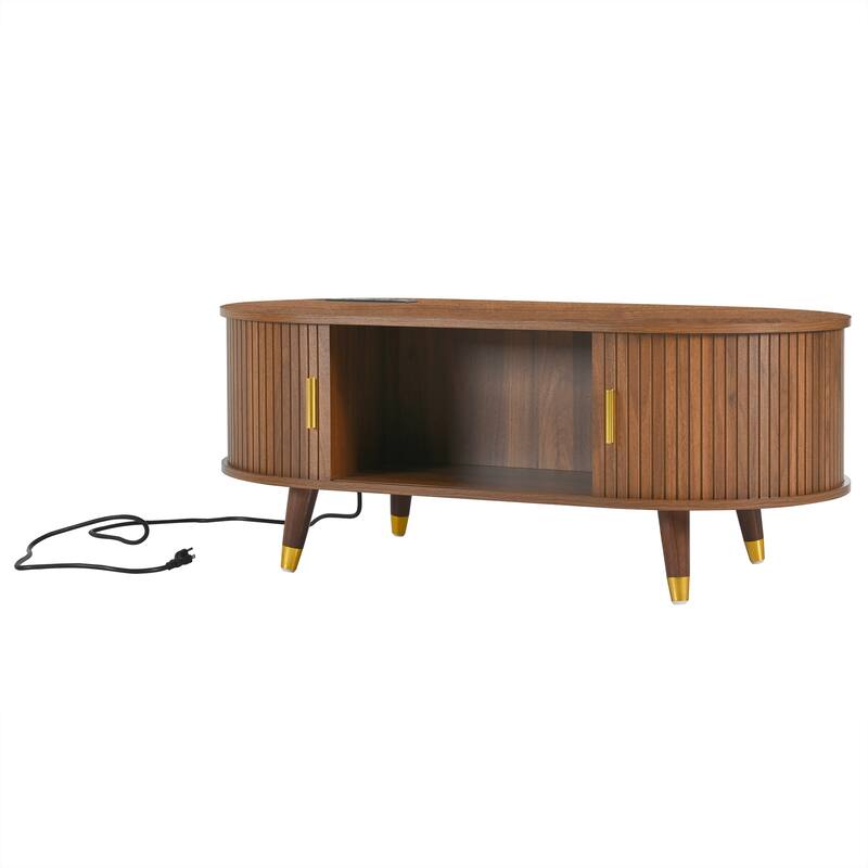 Wooden Tv Stand & Coffee Table Set With Charging Station,Sliding Doors For Tvs Up To 80",Table With Solid Wood Legs