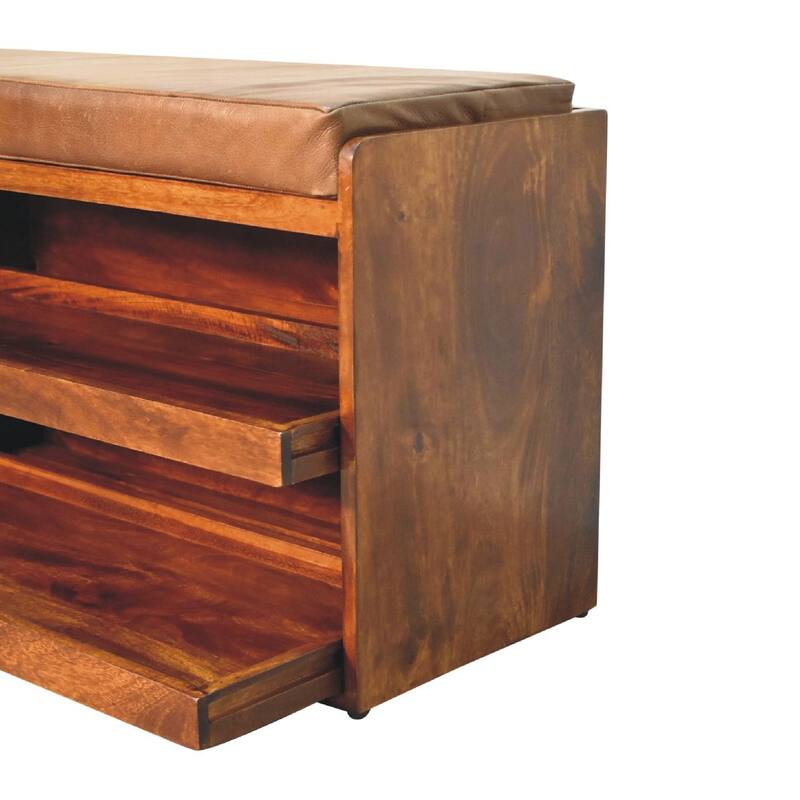 Artisan furniture solid mango wood ,Leather, Buffalo Hide Pull out Chestnut Shoe Storage Bench, Brown , 2 Shelf