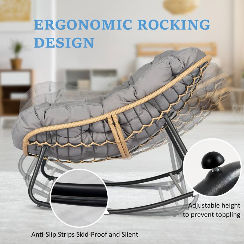 Outdoor Papasan Rocking Chair, Patio Chair Indoor Egg Royal Rattan Rocking Chair with Cushion - 33" W x 16.1" D x 29.9" H