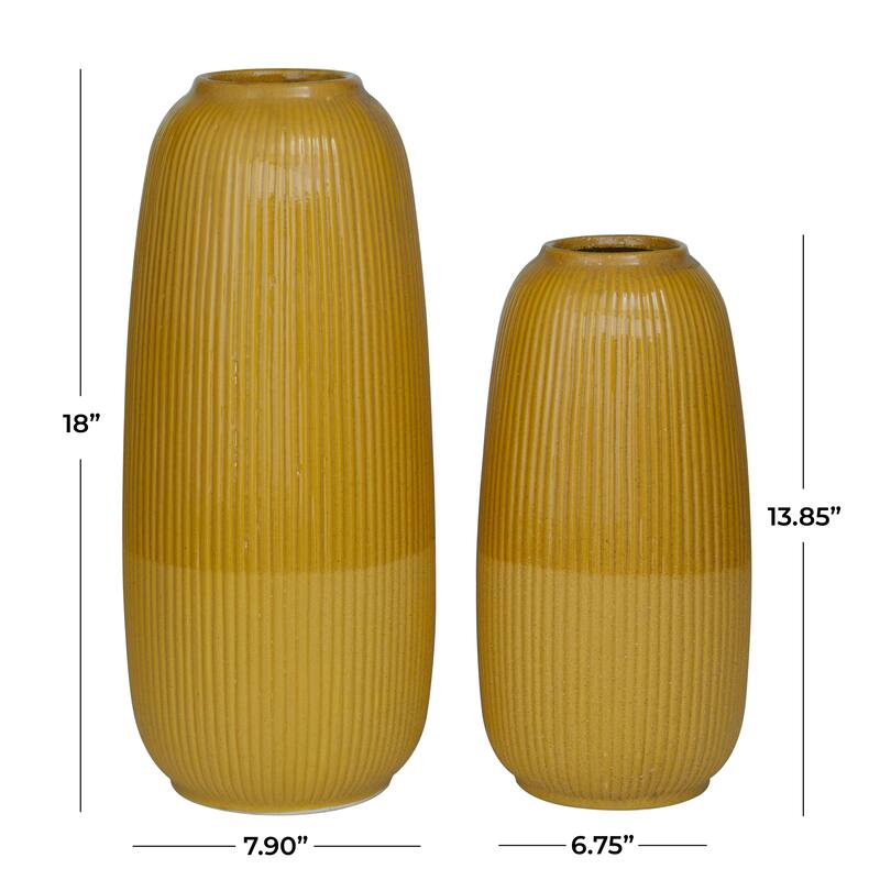 CosmoLiving by Cosmopolitan Ceramic Vases with Eye-Catching Ring Ribbing (Set of 2) - Yellow, White, Dark Blue