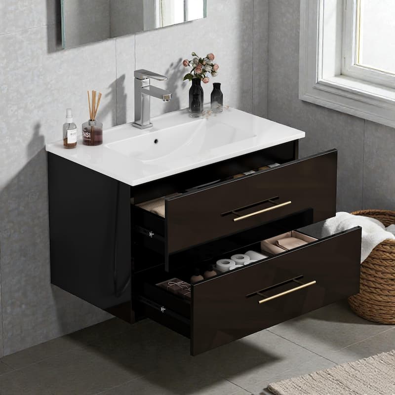 30" Gloss Wall-Mounted Bathroom Vanity with Integrated Ceramic Sink, Double Drawers & Long Metal Handle for Modern Bathrooms