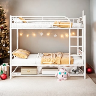 Luxury Full Over Full Metal Bunk Bed with Shelf and Guardrails, Save Space or Separate into 2 Beds, Maximized Space, White