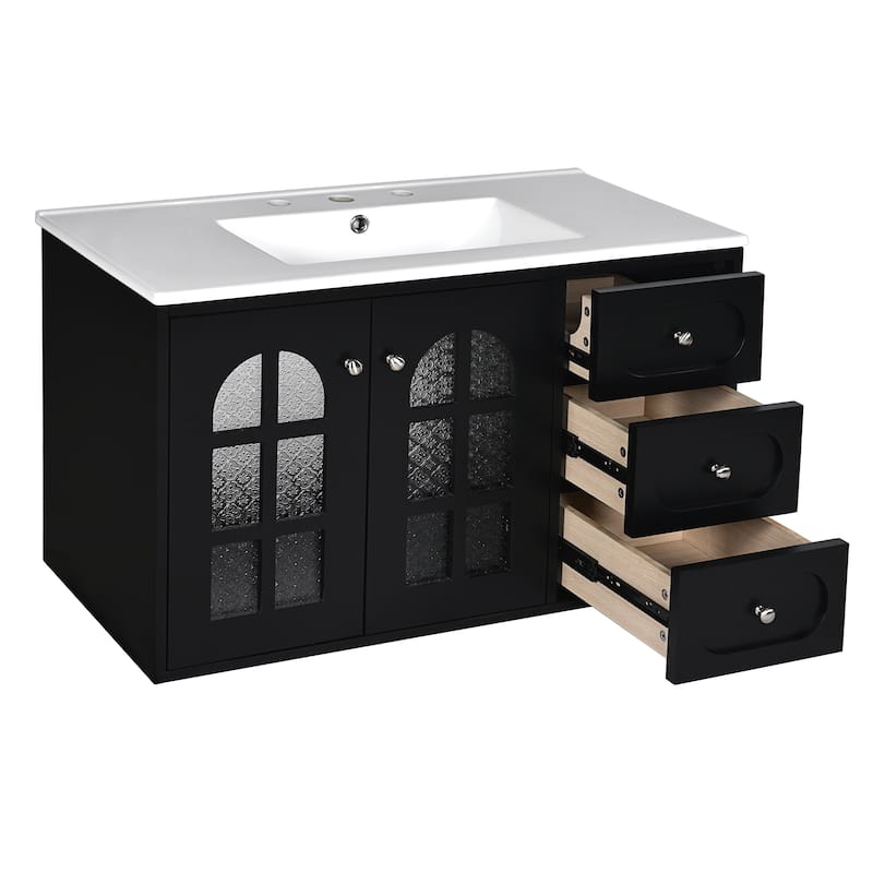 Floating Bathroom Vanity with Sink, Solid Wood Bathroom Storage Cabinet, Bathroom Vanity with 3 Drawers & Glass Panel Doors