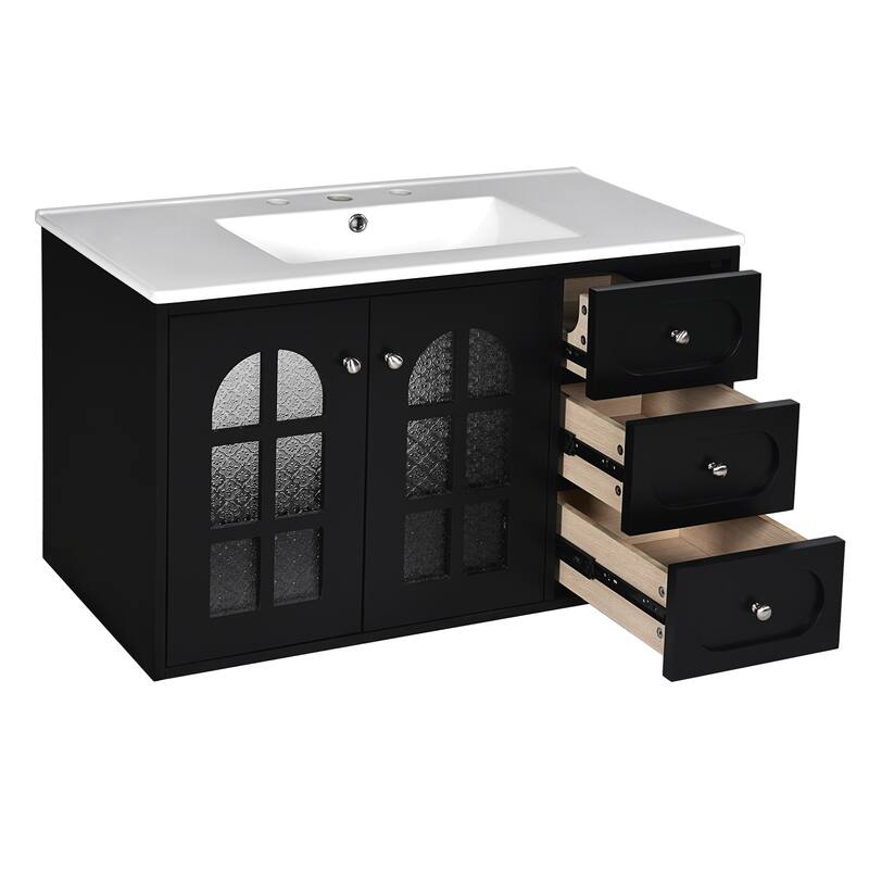 Modern 36" Wall-Mounted Bathroom Vanity with Ceramic Sink, 3 Drawers, Black Floating Cabinet, Soft-Close Doors