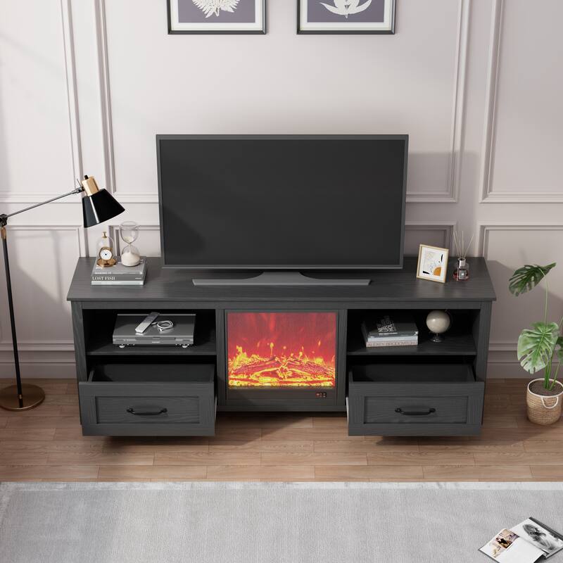 Industrial TV Stand with Fireplace Insert, 2 Drawers, and 4 Storage Compartments, Fits TVs up to 70 Inches