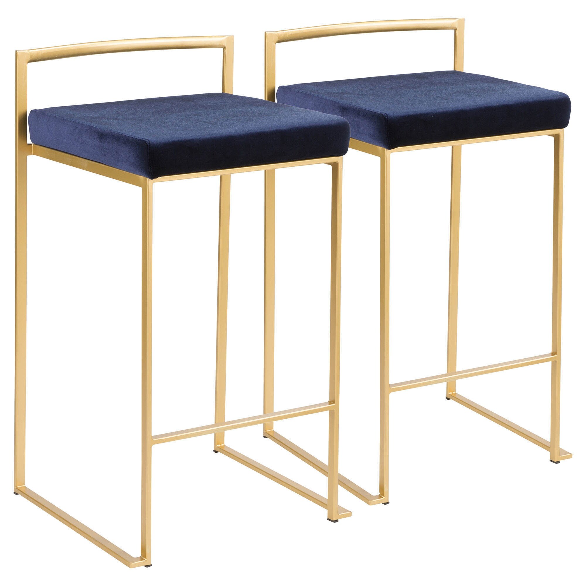 Lumisource Stackable Counter Stool in Gold with Blue Velvet - Set of 2 - Gold, Blue - 16"Lx17.5"Wx31"H