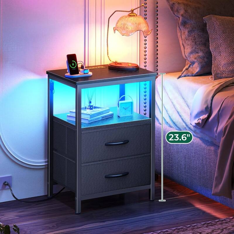 2 Drawer Night stand with Charger Station and LED Lights