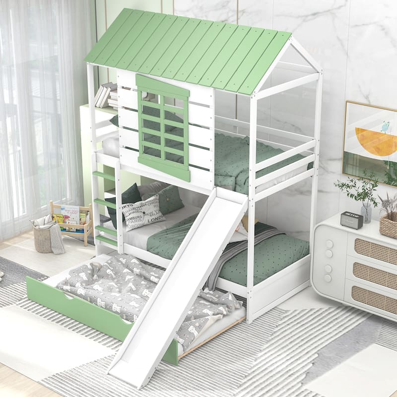 House Shaped Twin over Twin Bunk Bed with Slide, Trundle, and Full-Length Guardrail