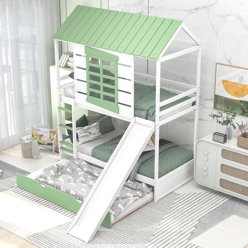 Wood Twin over Twin Size House Bunk Bed with Convertible Slide and Trundle, Bunk Bed Frame w/Slats Support, Pitched Roof, Window