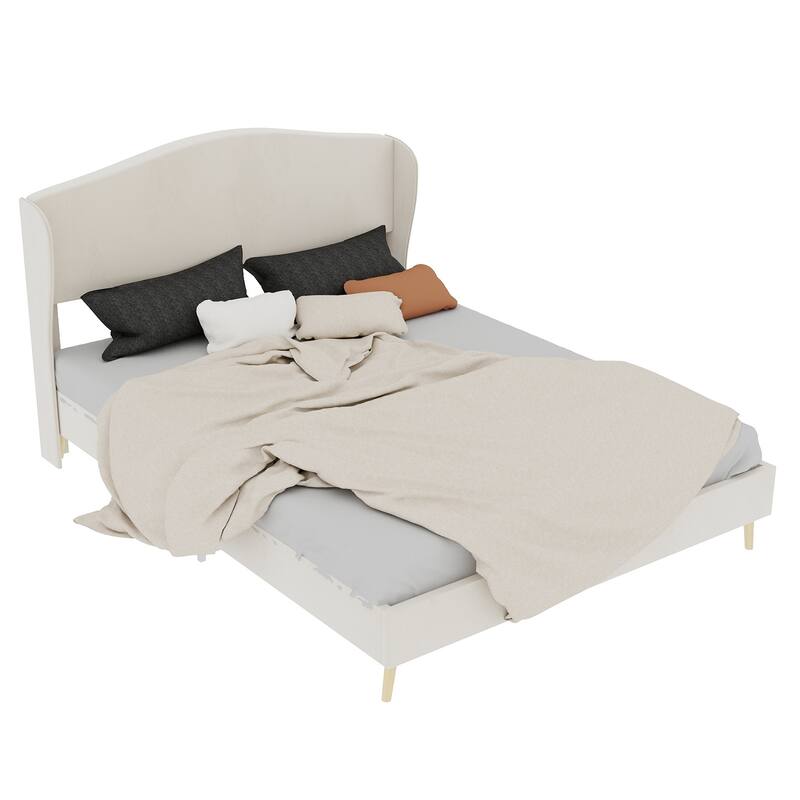 Queen Beige Upholstered Platform Bed Frame with Headboard for Bedroom