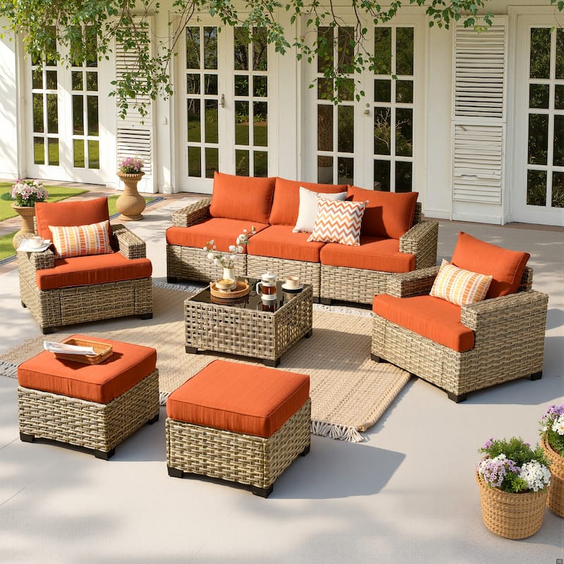 HOOOWOOO 8-piece Outdoor Sofa Patio Wicker Furniture Sectional Set with Coffee Table - Red/Orange
