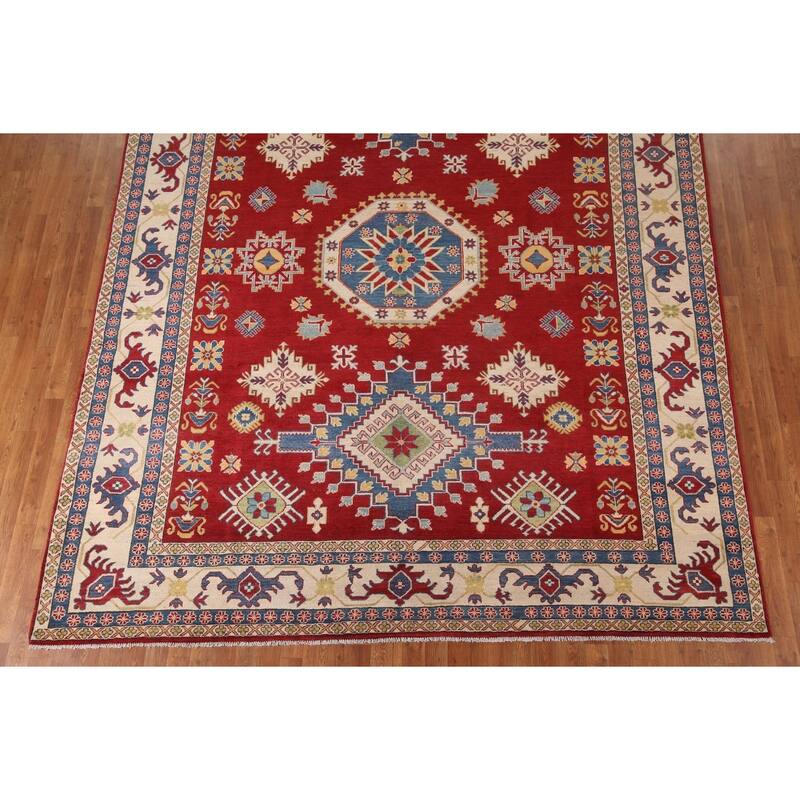 Red Geometric Kazak Oriental Area Rug Handmade Wool Carpet - 9'0"x 11'11"