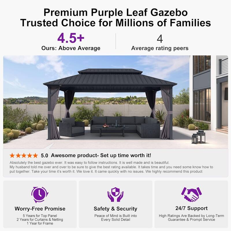 PURPLE LEAF Gazebo Grey Outdoor with Dual-Layer Galvanized Steel Double Roof Aluminum Gazebo with Netting and Curtains