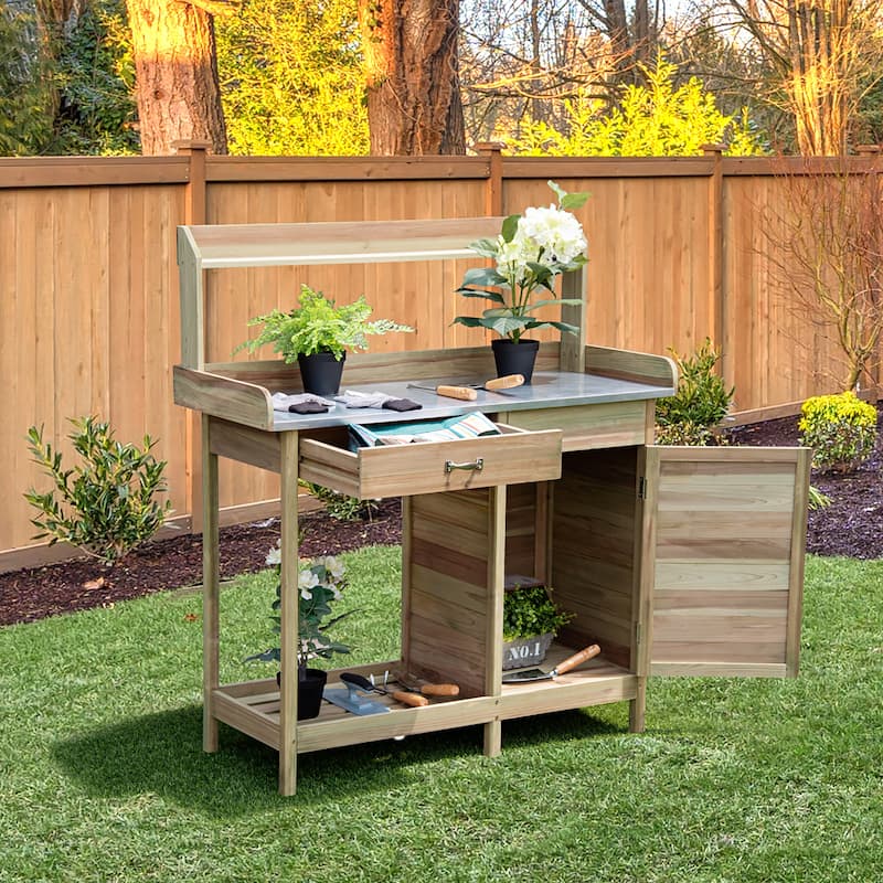 Wooden Garden Work Station Potting Bench Table with Drawer Cabinet